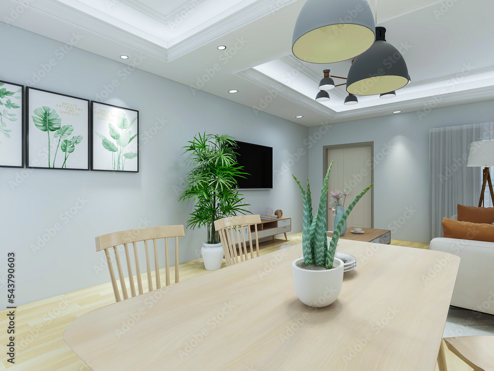 Interior design of dining room in modern living room, 3D rendering Interior design of dining room in modern living room, 3D rendering