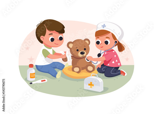 Kids treat teddy bear playing doctors. Children playing with doctor's kit. Boy and girl imagine they are doctors. Kids doing role play.