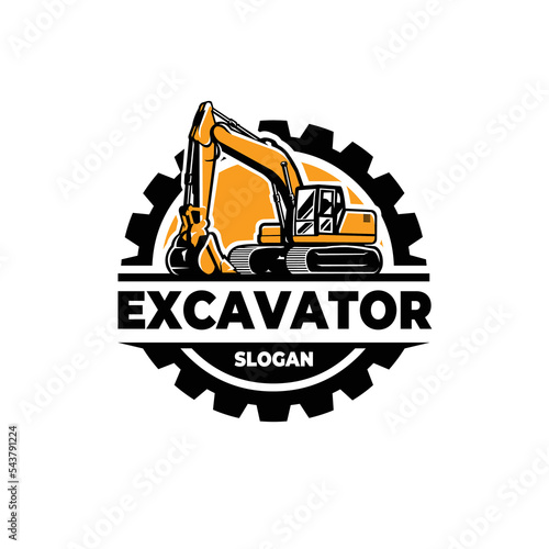 Premium Excavator Logo Emblem, Circle Badge, Vector  Isolated Template Set