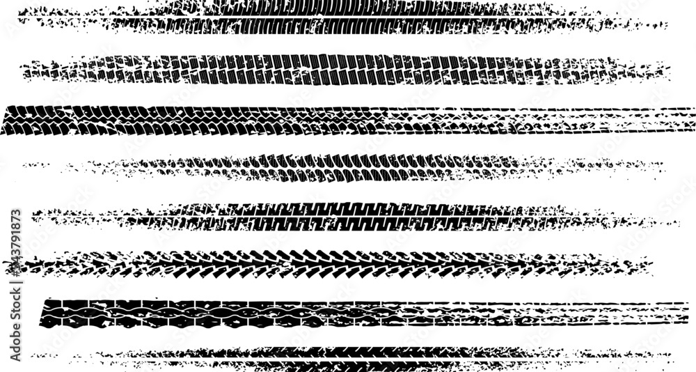 Set of black motorcycle tire tread print with grunge effect isolated on