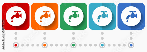 Water faucet, old tap vector icons, infographic template, set of flat design symbols in 5 color options