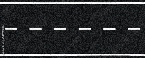 White dotted and solid highway traffic marks lines on tarmac road top view. Vector illustration. Background with old paint texture on asphalt surface. Roadway seamless pattern. Straight urban driveway