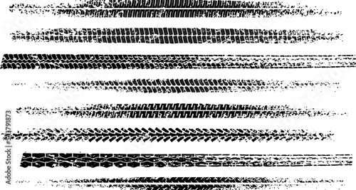 Set of black motorcycle tire tread print with grunge effect isolated on white background. Footprint of bike or car wheels with seamless texture. Top view of rubber protector marks. Vector brush
