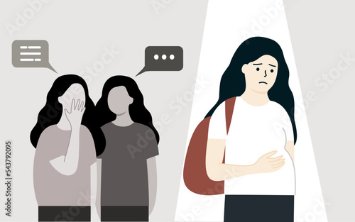 Pregnant teenage girl being bullied at school. Mental health, Depression, stress, Unintended pregnancy, public disapproval, abortion concept. Flat cartoon people vector illustration. photo
