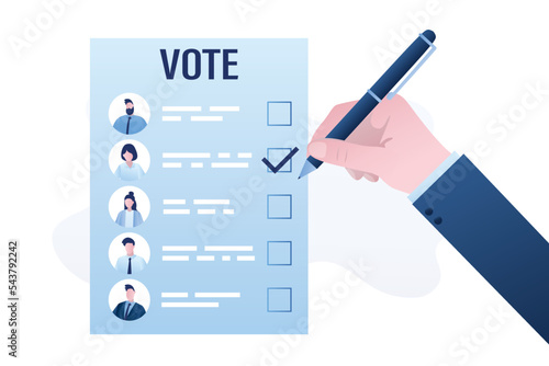 Voting page, hand uses pen and writing checkmark. Election or referendum, democratic procedure. Free choice in decision making. Voter with bulletin, voting process.