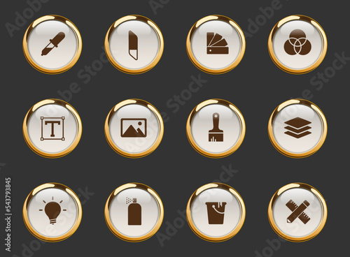art and design gold-rimmed vector icons on dark background. art and design icons in gold frame for web, mobile and ui design