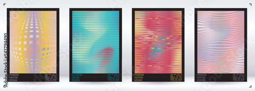 Geometrical Poster Design with Optical Illusion Effect.  Minimal Psychedelic Cover Page Collection. Colorful Wave Lines Background. Fluid Stripes Art. Swiss Design. Vector Illustration for Placard.