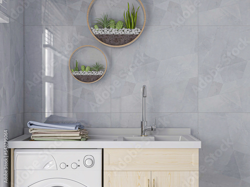Modern bathroom interior design with bathtub, toilet, washing machine and wash basin, 3D rendering