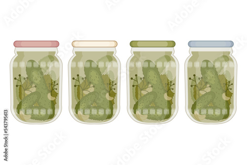 Vector set canned cucumbers in cartoon style