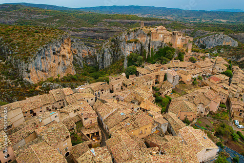 Aerial view above Alquezar village in spain, one of the Los Pueblos Más Bonitos de España  photo