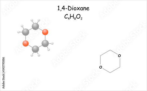 Stylized molecule model/structural formula of 1,4-Dioxane. Use as solvent in glue and paint remover