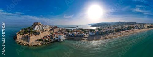 Aerial fly over above Peniscola Spain, one of the Los pueblos más Bonitos de España	