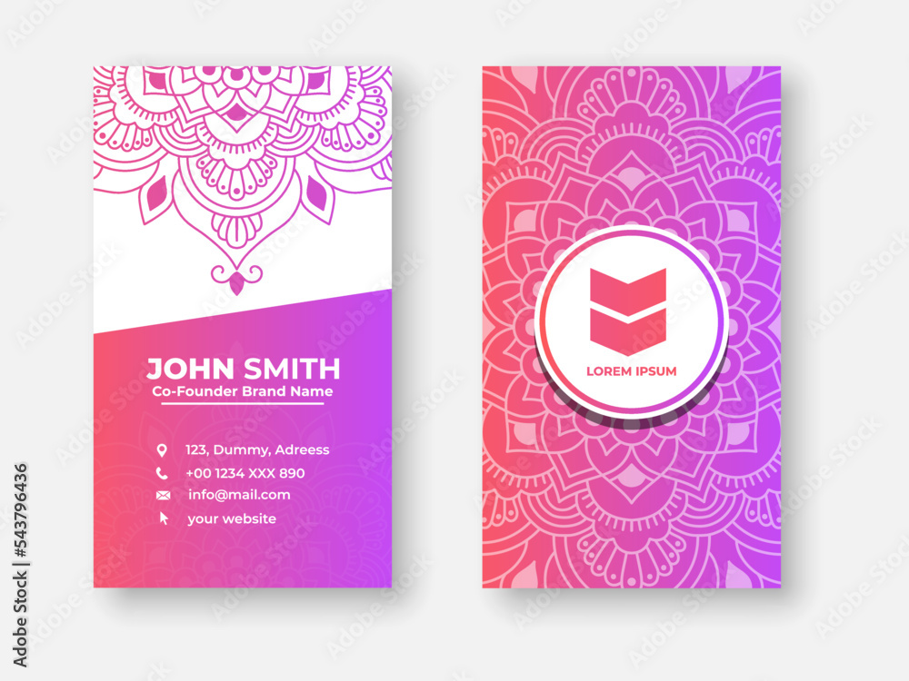 Colorful gradient mandala business card design. Bright floral ornamental elements, Indian, Asian, Arabic, Islamic, and ottoman motif, Vector illustration