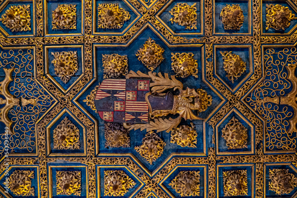 The beautiful intricate detail ceilings of the Aljafería Palace in Zaragoza Spain