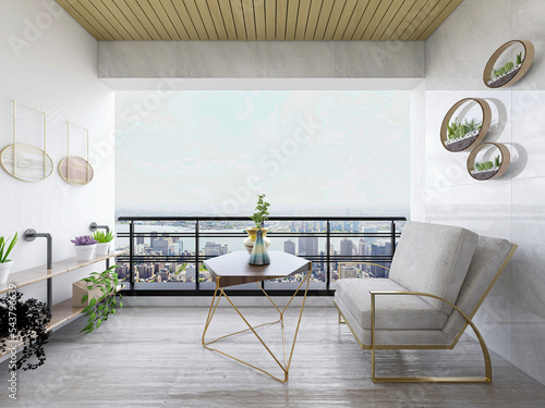 Leisure modern open balcony design, 3D rendering