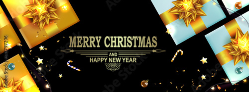 Christmas design with boxes and golden bows on a black background