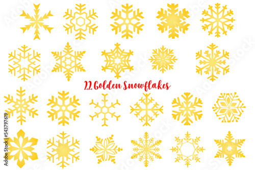 22 Golden Snowflakes collection, for Christmas greeting cards, graphic design on white background.