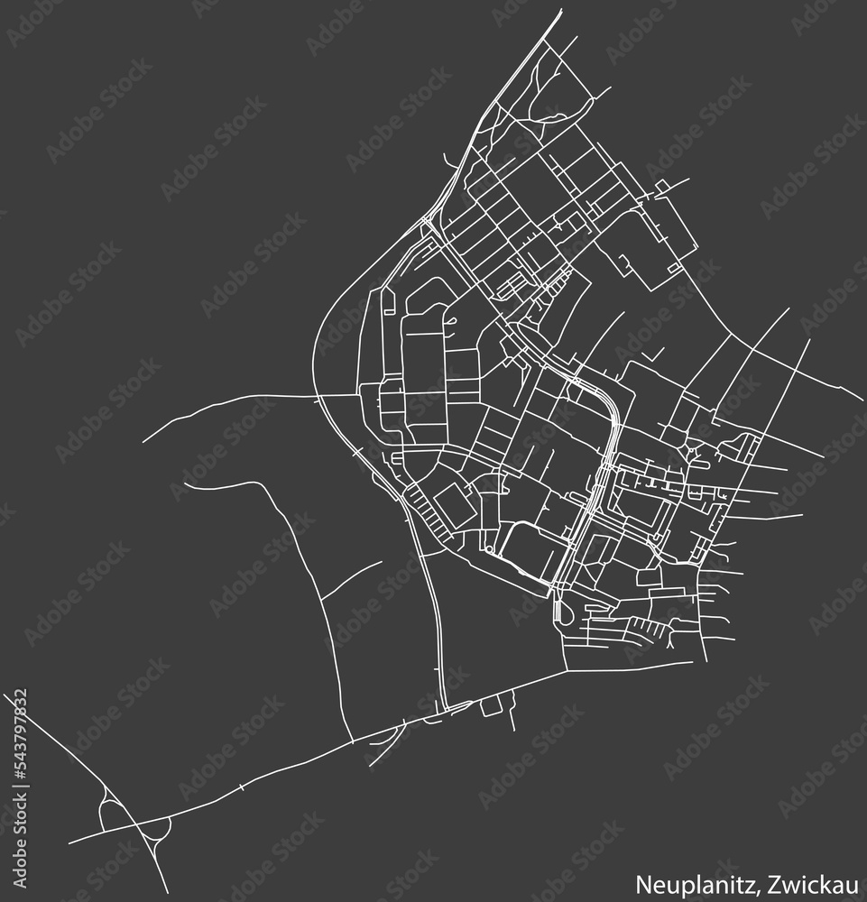 Detailed negative navigation white lines urban street roads map of the NEUPLANITZ DISTRICT of the German regional capital city of Zwickau, Germany on dark gray background