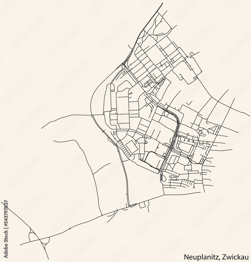 Detailed navigation black lines urban street roads map of the NEUPLANITZ DISTRICT of the German regional capital city of Zwickau, Germany on vintage beige background