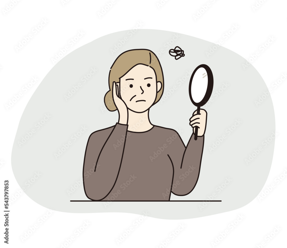 Worried senior woman looking into mirror. Beauty, makeup, cosmetic, skincare, aging concept. Hand drawn character vector design illustrations. Worried senior woman looking into mirror. Beauty, makeup, cosmetic, skincare, aging concept. Hand drawn character vector design illustrations.