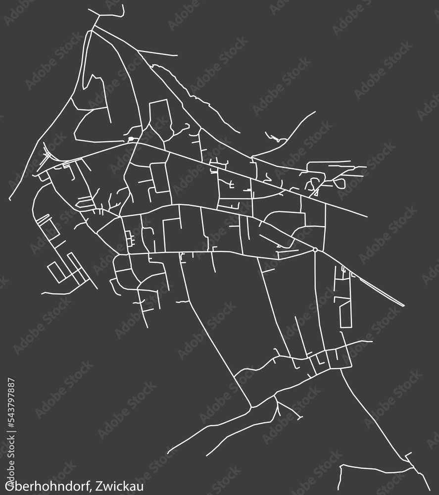 Detailed negative navigation white lines urban street roads map of the OBERHOHNDORF DISTRICT of the German regional capital city of Zwickau, Germany on dark gray background