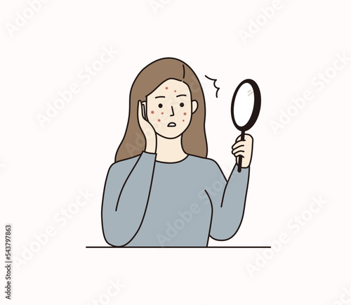 Young woman suffering skin problem. Girl hand holding mirror worrying about pimple on face. Beauty, makeup, skincare concept. Hand drawn cartoon character vector design isolated illustrations.