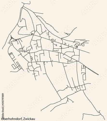Detailed navigation black lines urban street roads map of the OBERHOHNDORF DISTRICT of the German regional capital city of Zwickau  Germany on vintage beige background