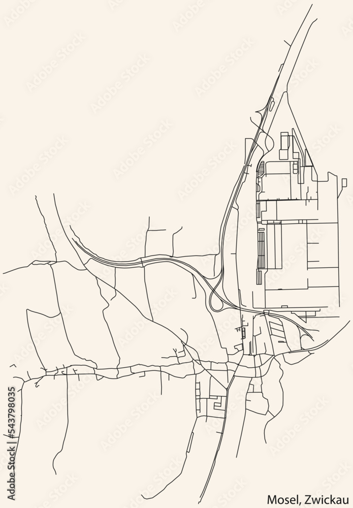Detailed navigation black lines urban street roads map of the MOSEL DISTRICT of the German regional capital city of Zwickau, Germany on vintage beige background