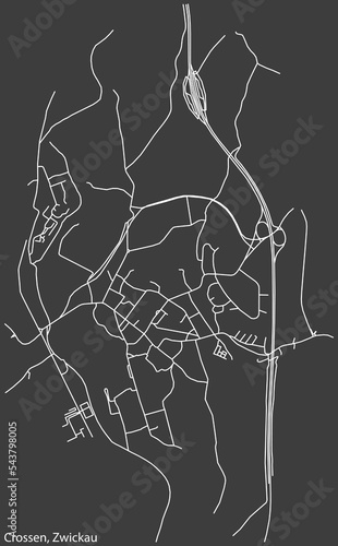Detailed negative navigation white lines urban street roads map of the CROSSEN DISTRICT of the German regional capital city of Zwickau, Germany on dark gray background