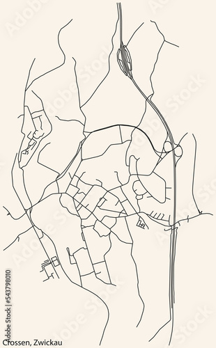 Detailed navigation black lines urban street roads map of the CROSSEN DISTRICT of the German regional capital city of Zwickau, Germany on vintage beige background