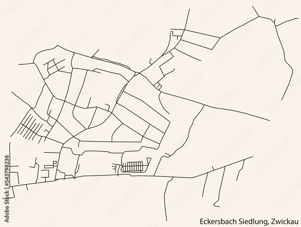 Detailed navigation black lines urban street roads map of the ECKERSBACH SIEDLUNG DISTRICT of the German regional capital city of Zwickau, Germany on vintage beige background