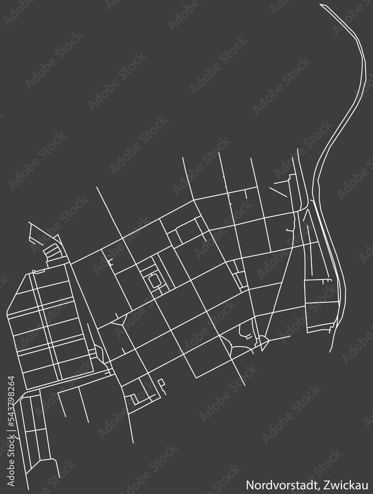 Detailed negative navigation white lines urban street roads map of the NORDVORSTADT DISTRICT of the German regional capital city of Zwickau, Germany on dark gray background