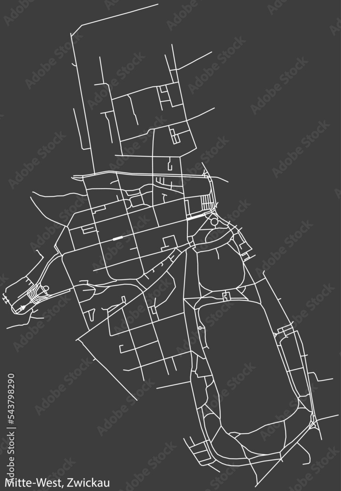 Detailed negative navigation white lines urban street roads map of the MITTE-WEST DISTRICT of the German regional capital city of Zwickau, Germany on dark gray background