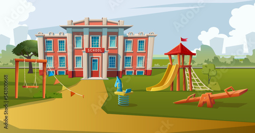 Vector cartoon style illustration. School building with kids play area infront.