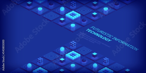 Isometric futuristic information technology blockchain concept. Big data binary code, data flow. Transferring of big data. Interconnected blocks of data. Vector illustration abstract background