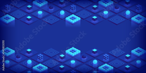 Isometric futuristic information technology blockchain concept. Big data binary code, data flow. Transferring of big data. Interconnected blocks of data. Vector illustration abstract background