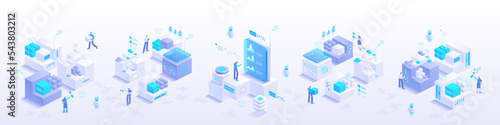 High tech, science, futuristic modern concept. Digital technology, deep learning and big data. Detailed abstract isometric vector illustration for screen template or banner background