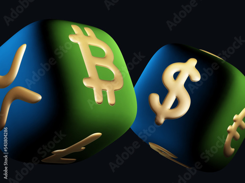 Green 3D dices with cryptocurrency and fiat currency golden signs Bitcoin and Dollar on dark background. Concept of fortune in crypto investing and stock exchange trading. Vector illustration, EPS 10