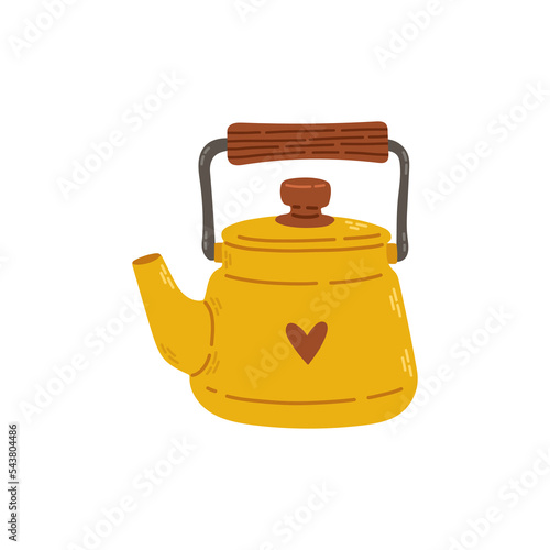 Yellow ceramic teapot for tea with heart. Stock design isolated on a white background for websites and apps