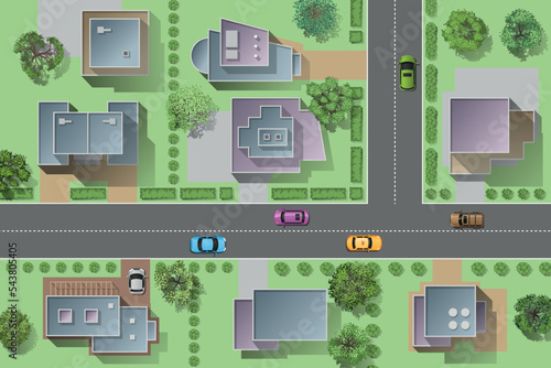 Vector illustration. City top view. Streets, houses, buildings, roads, trees, cars, green fence. (view from above) 