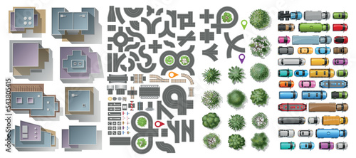 Set of landscape elements. Roofs of buildings, cars, trees, road elements. Top view. Houses, highway, different transport, trees with realistic shadow. View from above. 