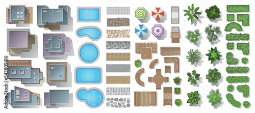 Vector set of architectural elements. Top view. Houses, swimming pools, paths, outdoor furniture, umbrellas, trees, green fences. View from above.