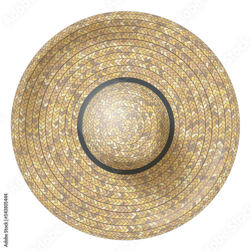 Vector illustration. Realistic woven straw hat. Top view. Mexican sombrero. View from above.