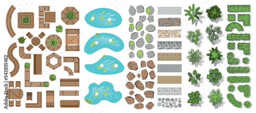 Vector set for landscape design. Top view. Outdoor furniture, ponds, stones, paths, trees, green fences. View from above.