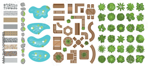 Vector set for landscape design. Top view. Outdoor furniture, ponds, stones, paths, trees. View from above.