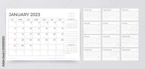 Calendar for 2023 year. Planner calender template. Yearly organizer with 12 pages. Week starts Sunday. Desk schedule grid. Horizontal monthly diary. Table timetable layout. Vector simple illustration