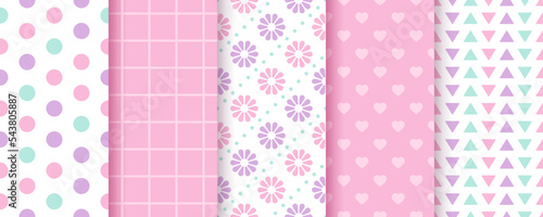 Scrapbook seamless patterns. Baby girl backgrounds. Set pink prints. Cute textures with polka dot, heart, triangle, flower and plaid. Pastel wrapping paper. Retro scrap design. Vector illustration.
