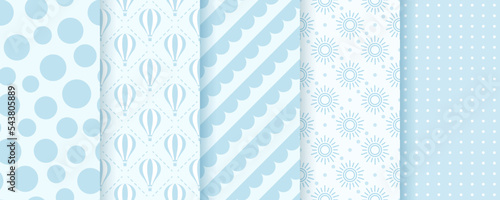 Scrapbook blue patterns. Seamless baby boy background. Set baby shower prints with polka dots, hot air balloons, circles and suns. Pastel childish texture. Retro wrapping backdrop. Vector illustration
