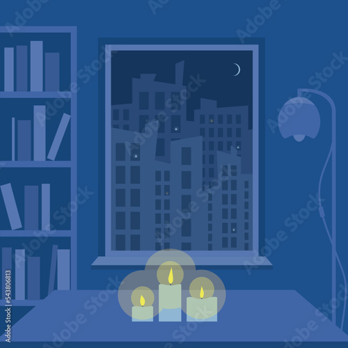 Night city blackout, vector illustration. Power outage.View from an apartment with candles on a dark city. Cityscape with moon and skyscraper building silhouettes without electricity.  Dark City.