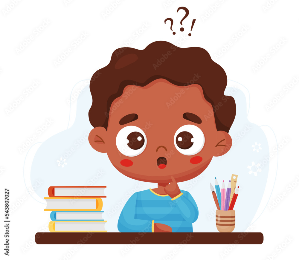 Surprised thoughtful black boy at table with books and stationery, pencils. Vector illustration in cartoon style. Male ethnic student, study and lesson concept, search for an answer.